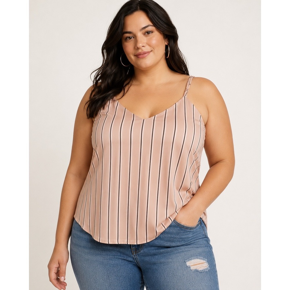Torrid Camisole Women Size 0 Pink Black Striped V-Neck Adjustable Strap Chiffon